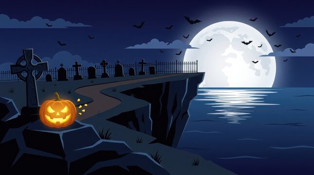 Scary graveyard cliff scene with glowing pumpkin at night