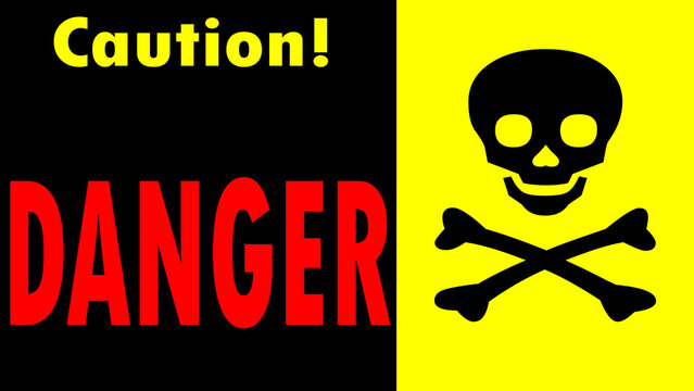Caution danger sign with black skull and crossbones icon on yellow background flat.