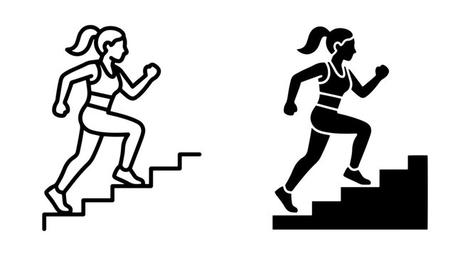 Woman Running Up Stairs Vector Icons, Fitness Athlete Climbing Steps, Healthy Lifestyle Silhouette