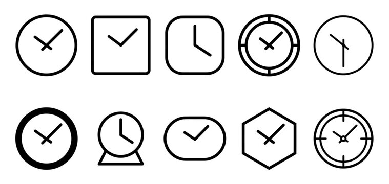 Set of ten different minimalist clock icons with various shapes and simple line art designs