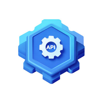 A 3D blue hexagonal API gear icon symbolizing software integration and automation