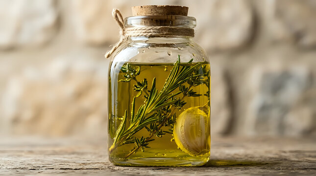 Homemade infused olive oil in glass jar with rosemary sprigs and garlic clove cooking oil culinary art food prep rosemary ingredient culinary homemade