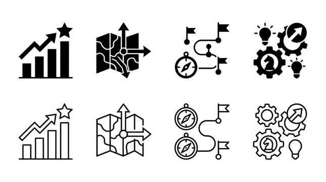 Business planning and strategic navigation icons set featuring growth charts navigation mapping and creative strategy