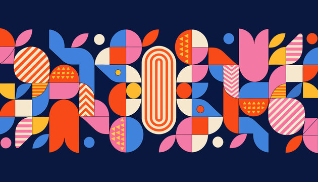 Abstract Geometric Pattern, Mid-Century Modern Design, Colorful Shapes, Navy Background