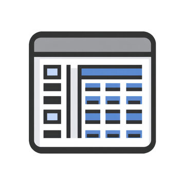 Icon of a webpage layout with a sidebar menu and a main content area featuring text blocks and headers, designed in a flat style
