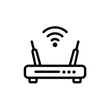 Minimalist icon of a wireless router with two antennas emitting WiFi signals