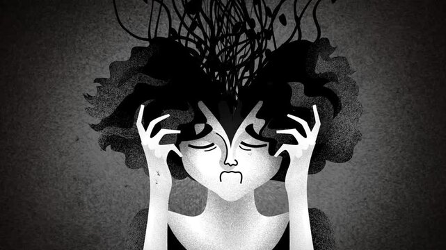 woman with migraine and an open head releasing a tangled web of negative thoughts