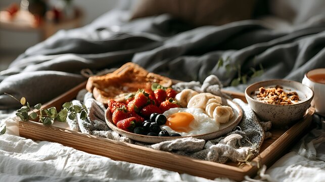Healthy breakfast on a tray with strawberries, banana, egg, toast and granola yogurt served on bed