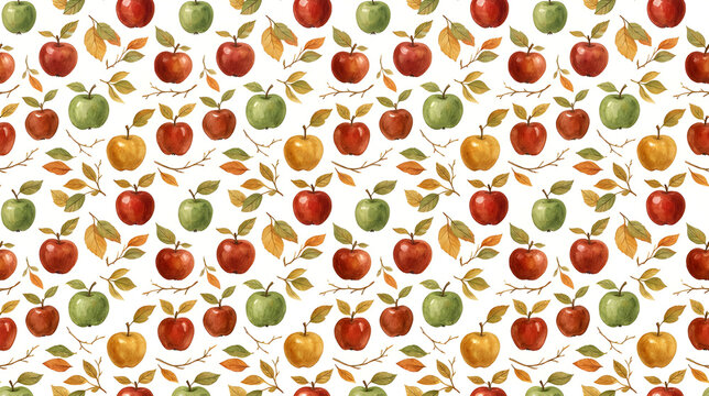 Seamless repeating pattern of charming hand-painted red, green and golden apples, delicate apple leaves and tiny autumn branches, balanced spacing, warm cozy fall aesthetic, watercolor and gouache 
