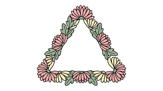 Floral triangle frame consists of pastel pink and yellow blossoms with green foliage on a white background.