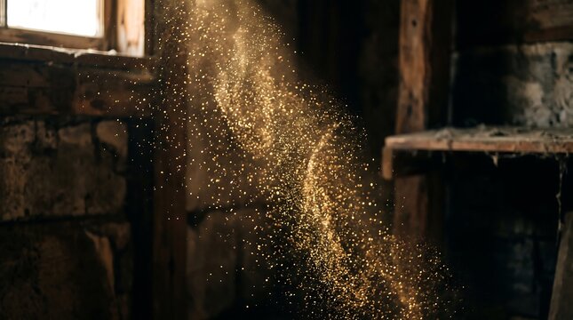 Cinematic dust motes floating in sunbeam, golden light rays in dark rustic attic, ethereal sunlit particles in old wooden barn interior