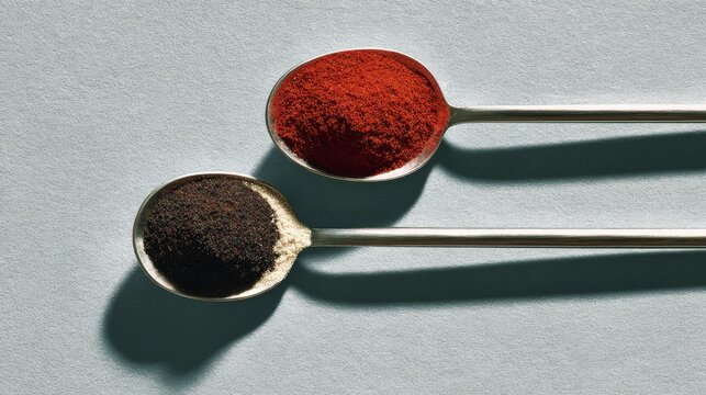39.Minimalist composition showing two parallel spoons on plain surface, dark pepper and pale pepper creating strong visual contrast, overhead perspective, subtle shadow depth, refined food styling