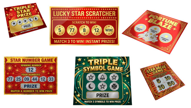 Retro Lucky Game Scratch Ticket Set with Numbers, Symbols and Prize Designs