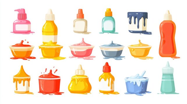 55.Collection of condiment icons including squeeze bottles and dipping bowls, exaggerated drips and stains around sauces, bright saturated colors, minimalist vector illustration, isolated on white,