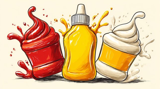 56.Fun cartoon condiment set showing red ketchup swirl, yellow mustard streak, and creamy white mayonnaise dollop, labeled bottle shapes with caps, dynamic splashes, clean vector style, crisp edges,