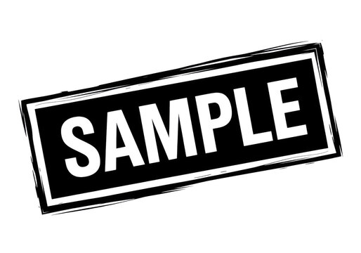 Black rectangle stamp with white word sample, grunge border, sign for document marking or product testing, isolated on transparent background.