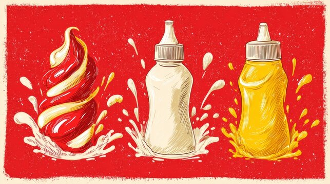 56.Fun cartoon condiment set showing red ketchup swirl, yellow mustard streak, and creamy white mayonnaise dollop, labeled bottle shapes with caps, dynamic splashes, clean vector style, crisp edges,