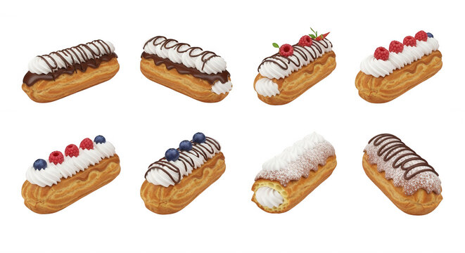 assortment of cream filled eclairs in a studio setting various toppings and designs for food photography or recipe promotion