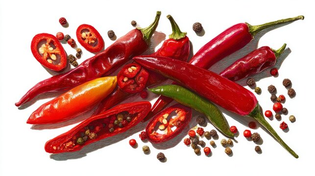 77.Assortment of whole and cross section red chili peppers displayed front facing, transparent background look, crisp edges and realistic shadows, peppercorn blend in multiple colors spread