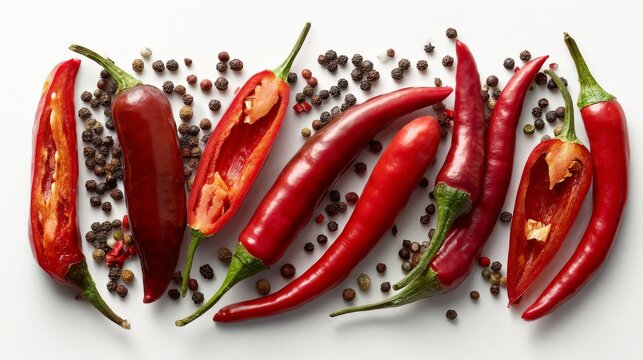 78.Isolated composition featuring red chilies both whole and sliced open, arranged horizontally with peppercorn mix accent, pure transparent backdrop style, hyperrealistic glossy surface on chili