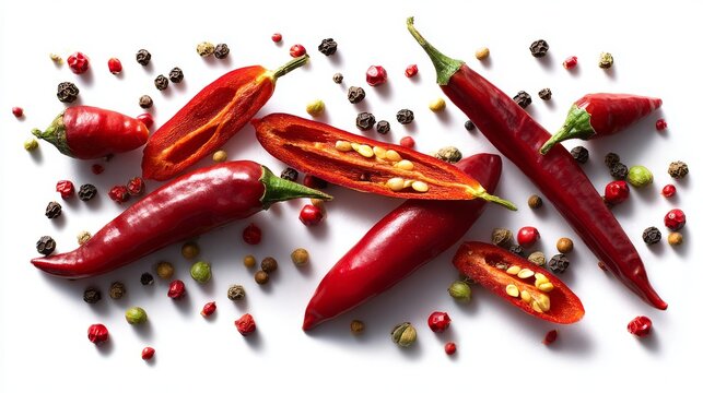 80.Collection of red chilies including halved and whole forms with scattered multi colored peppercorns, isolated cutout style on transparent background, dramatic clarity of seeds and inner walls,
