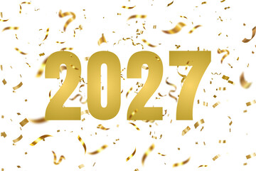 Obraz premium New Year 2027. Golden numbers 2027 surrounded by colorful confetti create a joyful scene, PNG