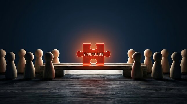 Stakeholder engagement and business solution concept with red puzzle piece bridging gap between wooden figures