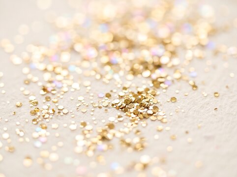 Macro view of gold glitter particles on textured surface with particles metallic background glamorous