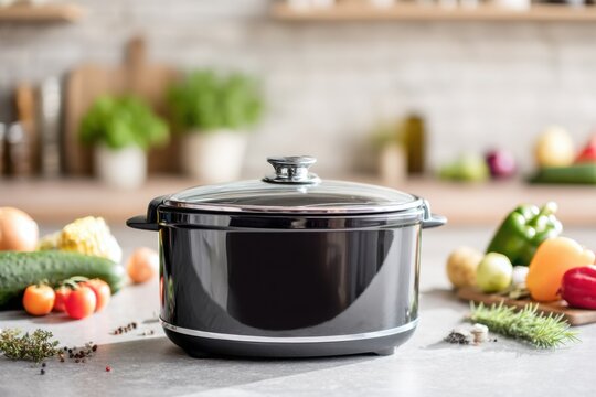 Black electric slow cooker in modern kitchen with vegetables