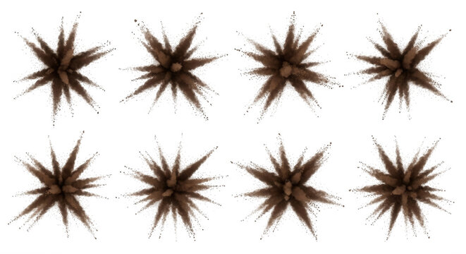 eight brown powder explosions burst on white backdrop creating a vibrant pattern for artistic design or conceptual visuals