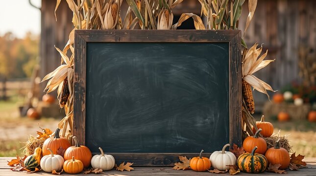 Chalkboard sign surrounded by autumn pumpkins and dried corn husks on rustic wooden table in farm setting for seasonal menu or announcement