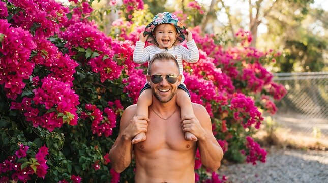 Happy father carrying smiling toddler girl on shoulders, outdoor family portrait, summer lifestyle with vibrant pink bougainvillea flowers, sunny park concept.