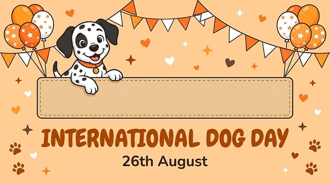 International Dog Day banner template, cute Dalmatian puppy with balloons, festivity greeting card design, orange bunting, 26th August holiday sale