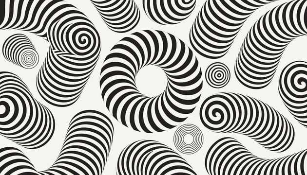 Abstract Optical Illusion Swirls and Toroids - Black and White Geometric Pattern