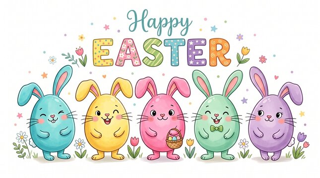 Cute pastel easter bunny egg characters greeting card