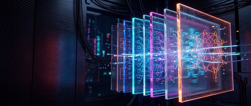 Advanced neural network layers visual representation deep learning artificial intelligence concept glowing circuits processing data for future technology innovations.