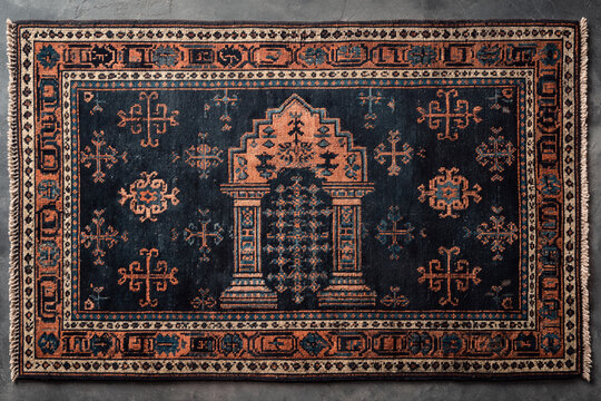 Vintage carpet with mosque arch prayer rug pattern dark background
