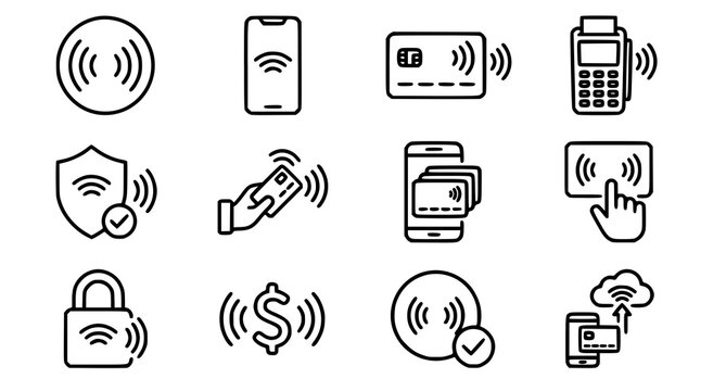 NFC Contactless Payment Editable Stroke Line Icon Set with Wireless Credit Card and Digital Pay Symbols