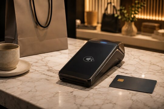 A sleek black payment terminal sits on a marble countertop next to a credit card and a coffee cup, ready for a transaction.