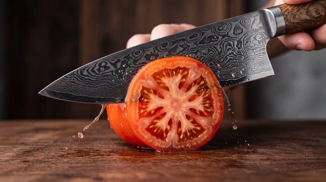 Damascus knife slicing through a fresh red tomato on a wooden board