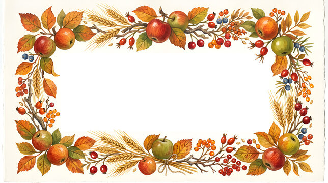 Rustic autumn frame composed of colorful apples, apple leaves, wheat stems, small branches and warm fall berries, decorative elements concentrated around all four edges, large completely blank white 
