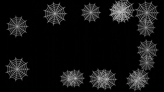 Random small spider web shooting pop up animation, cobweb web shooter overlay on black background.