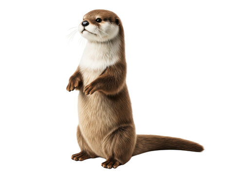 Cute otter standing upright on its hind legs, looking alertly to the side, realistic animal rendering, isolated on transparent background.