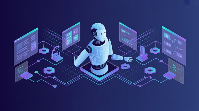 AI agent robot workflow automation orchestrator artificial intelligence data coding icon flow process assistant technology futuristic 3d rendering.