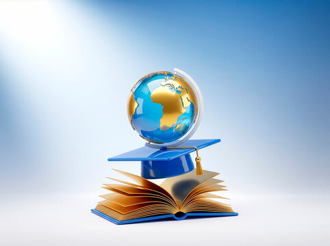 Global Education Symbolized: An open book and graduation cap support a gleaming globe, bathed in soft light, representing worldwide learning and academic achievement.