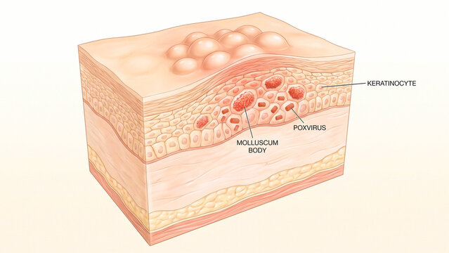 Cross-sectional medical illustration of skin layers with microbial activity.
