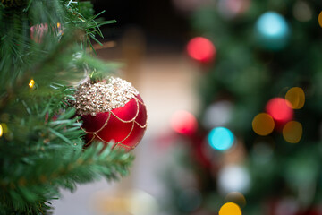 Obraz premium Christmas red round ball ornament hanging on tree. Holiday concept.