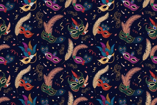 Festive carnival masquerade mask pattern with colorful feathers, sequins, ribbons, and confetti on a dark blue background, for party celebration