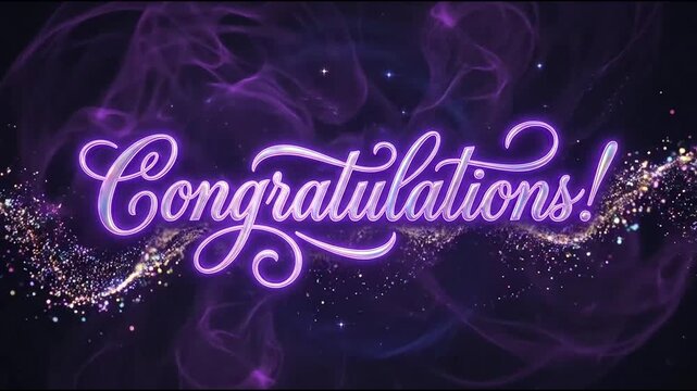 Purple smoke congratulations text on dark background.