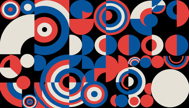 Abstract Geometric Pattern: Circles, Arcs, and Squares in Red, Blue, Beige
